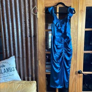 Elegant Blue Satin Dress, Size S